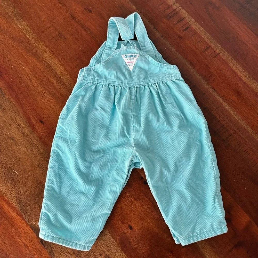 VTG OshKosh‎ B'gosh Corduroy Overalls Pants Baby 6-9M Teal Blue Ruffle USA Made